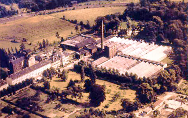 Historical aerial view of buildings in a green landscape
