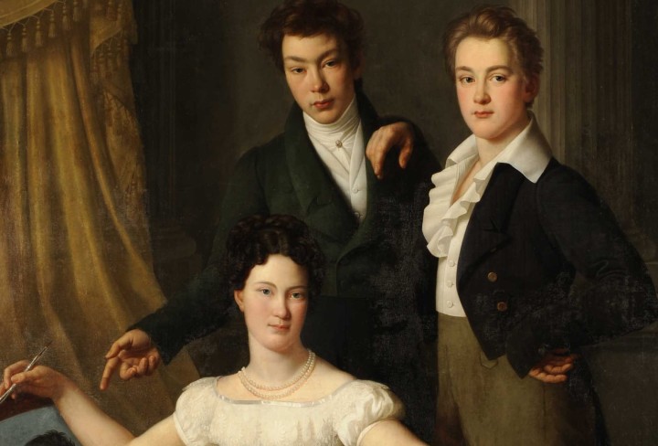 Gemälde von zwei Jungen und einem Mädchen in historischer Kleidung