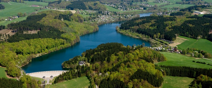 Luftbild eines Stausees inmitten einer grünen Landschaft