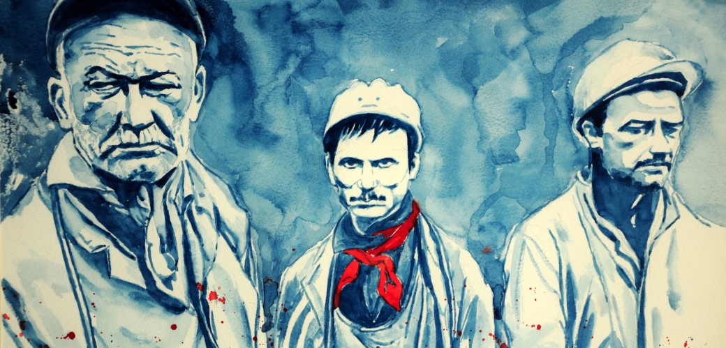 Gemälde zeigt drei Männer in Arbeitskleidung