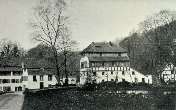 Historic black and white photo of half-timbered houses