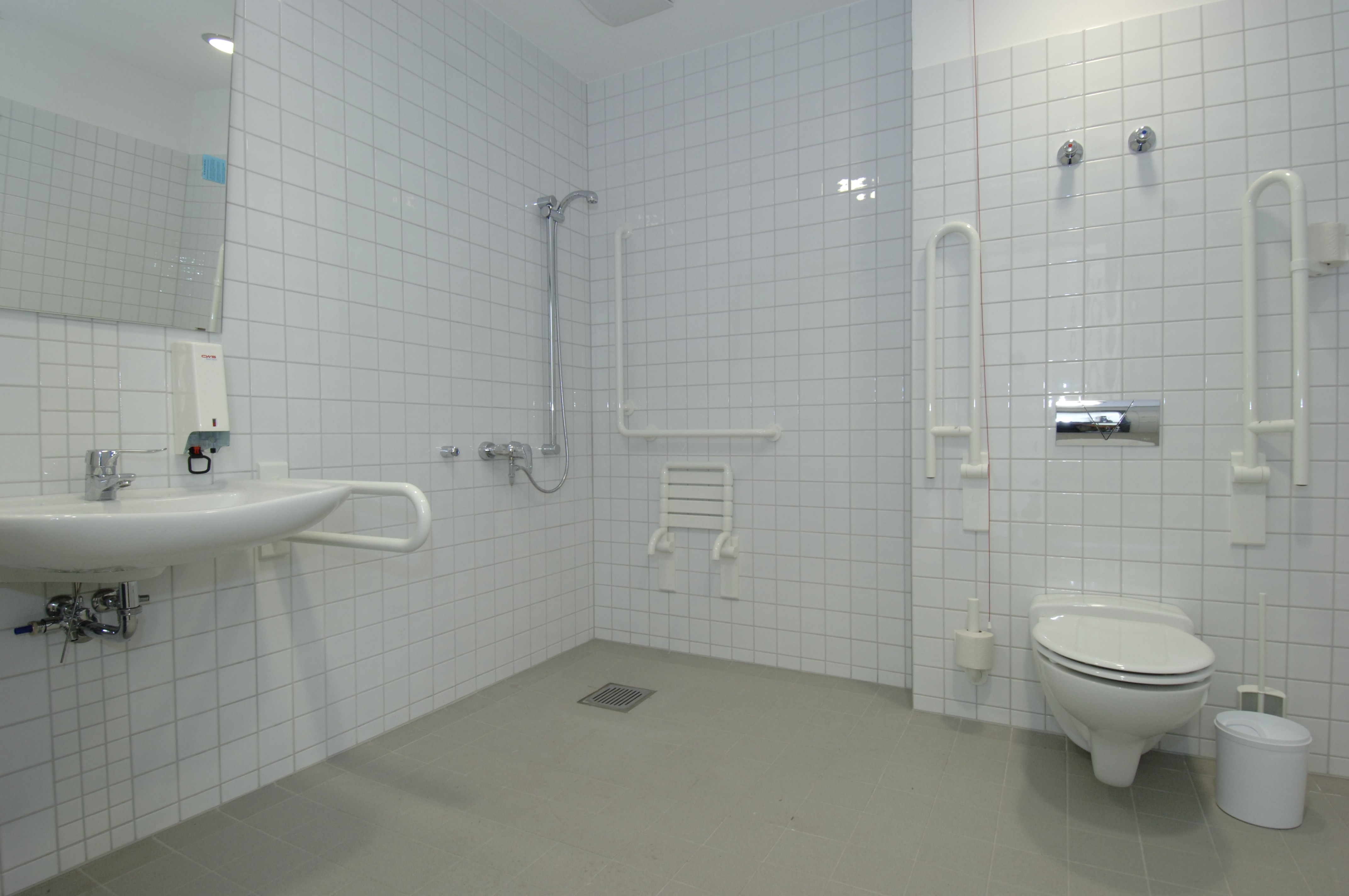 The entire building is accessible: Here disabled shower and toilet. 