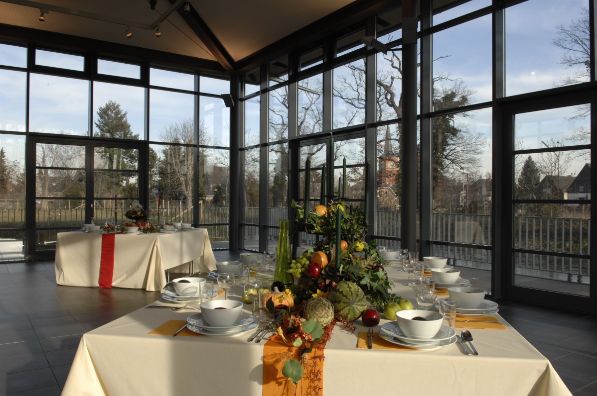 Festively set tables in the pavilion